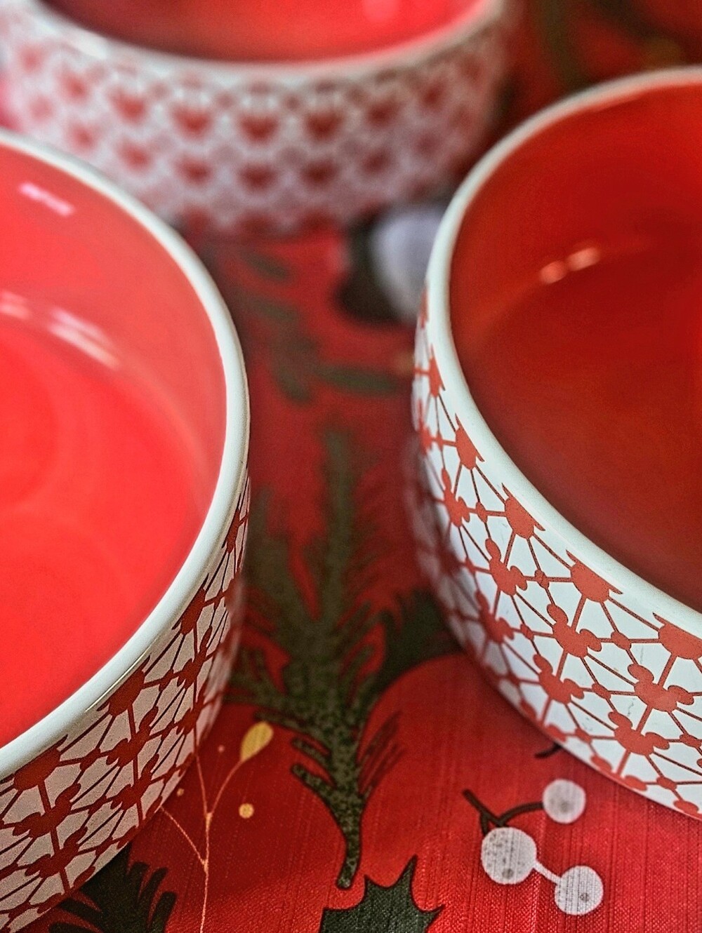Disney Red and White Mickey Christmas (Or Year-round) Ceramic Dog Bowl Set Of 3